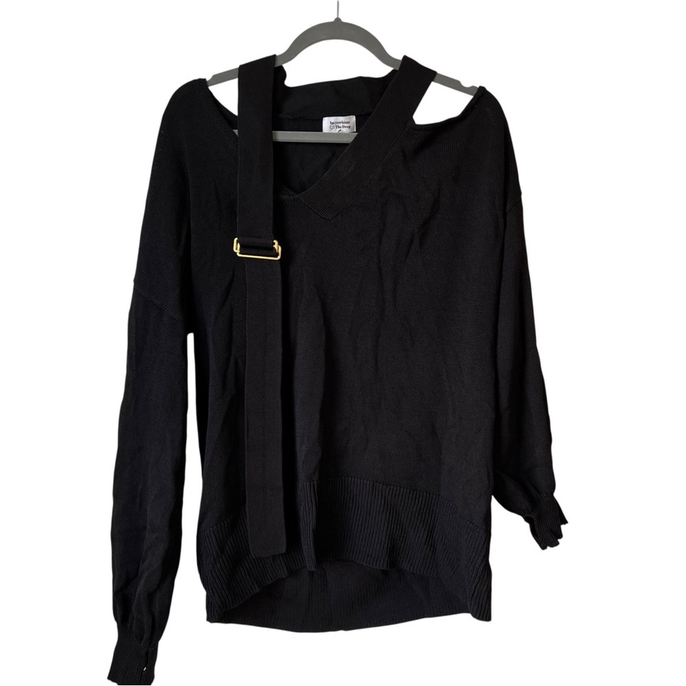 LucysWhims The Drop Black Buckle Cold Shoulder Slouchy Sweater V-Neck Size Small - Picture 2 of 12